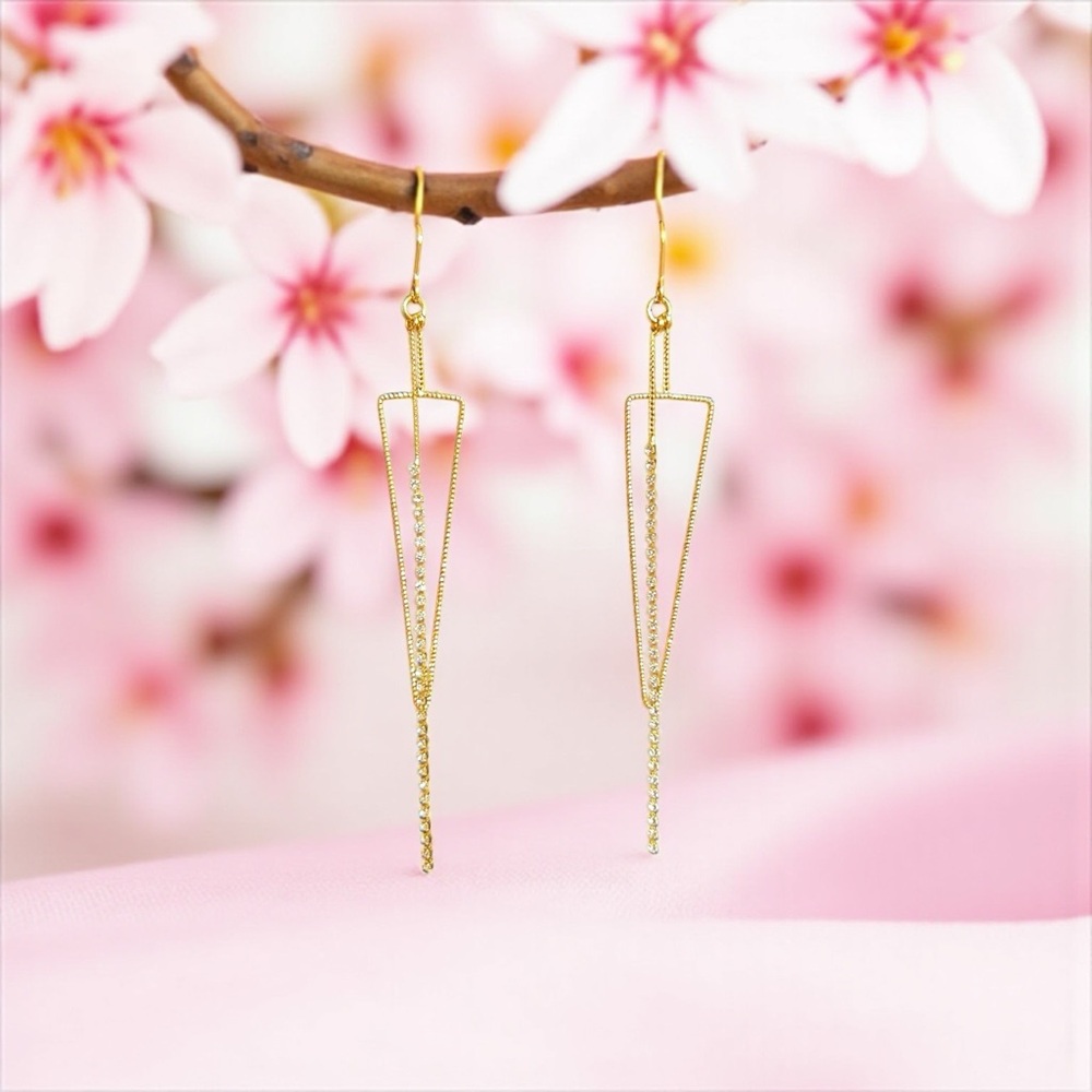 Gold Triangle Dangle Earrings/ Rhinestones